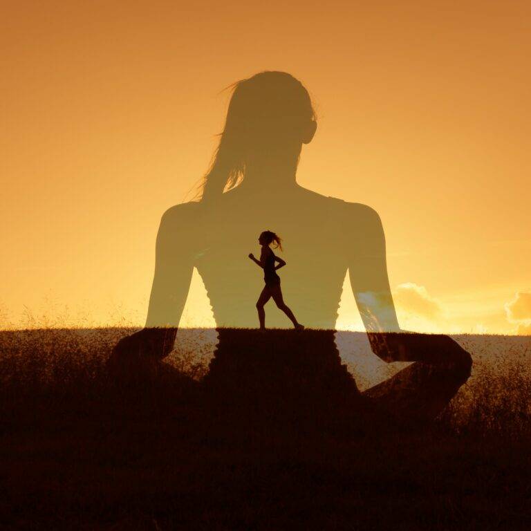Lady running on a hill at sunrise with overlaid image of lady meditating