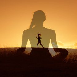 Lady running on a hill at sunrise with overlaid image of lady meditating